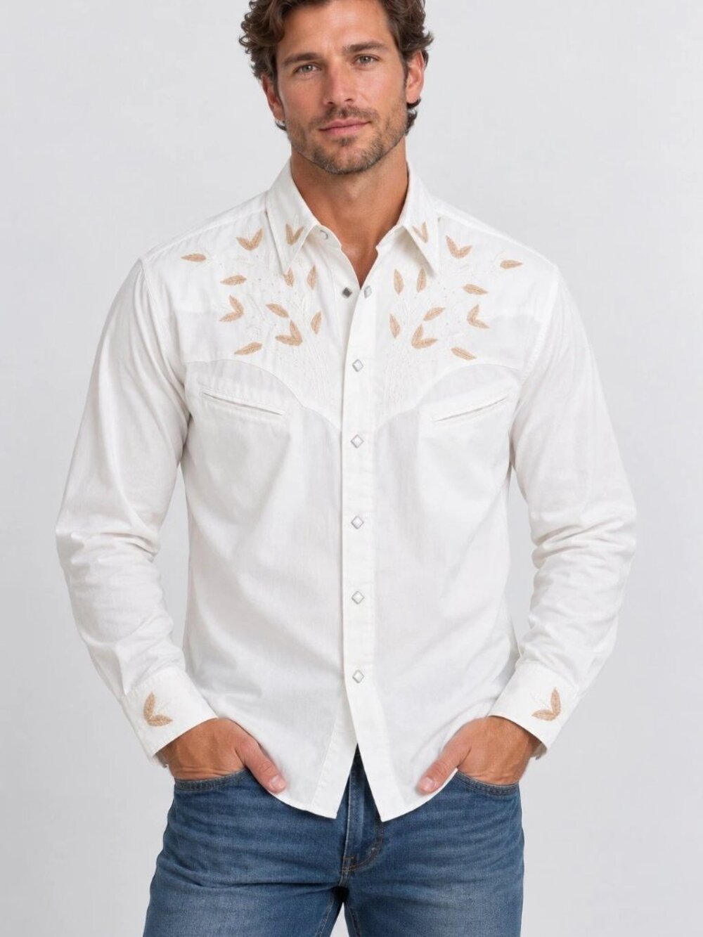 Rockmount Ranch Wear White Embroidered Western Snap Shirt Gold Leaf Sz M Medium